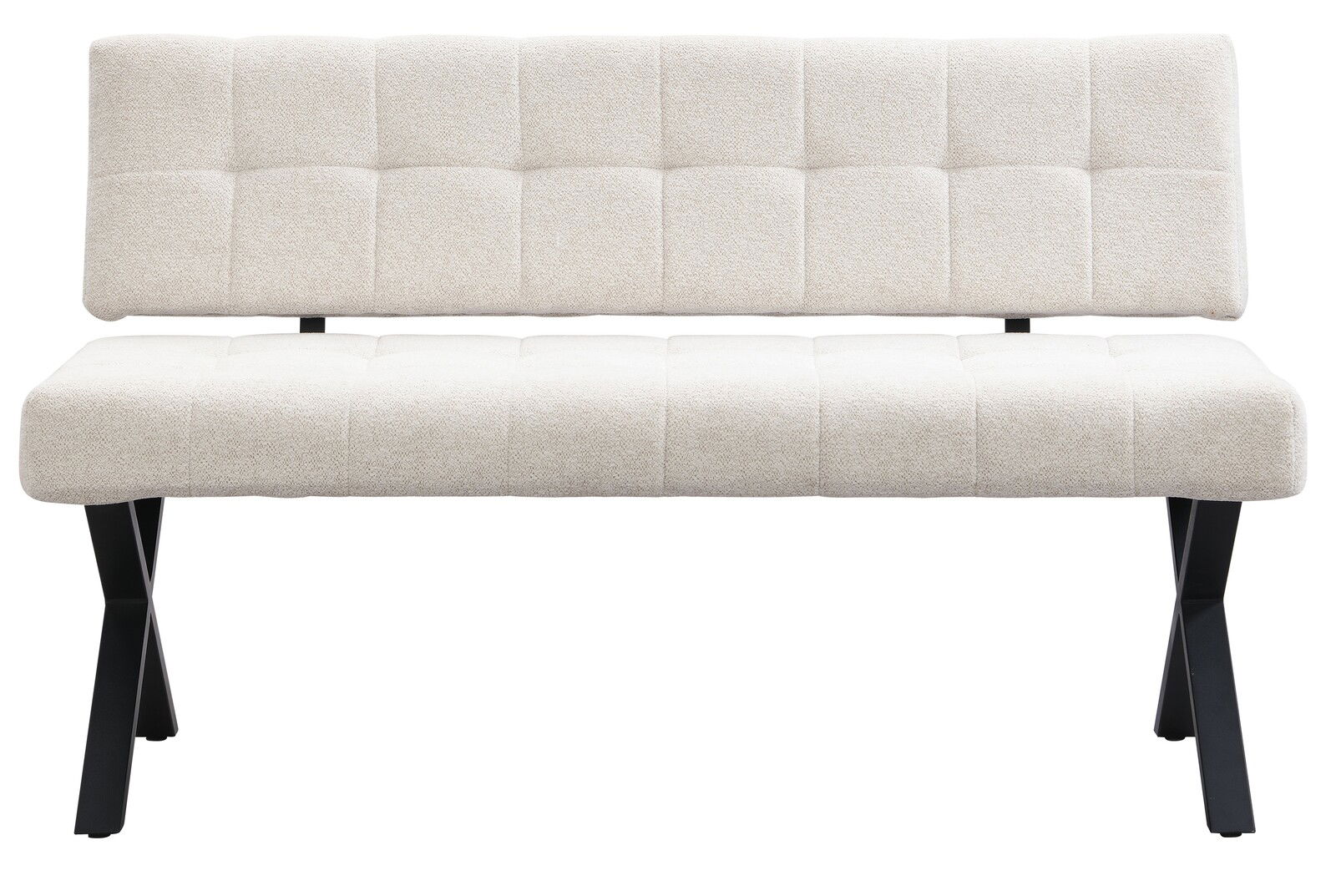 Moderne cremefarbene Bank mit gepolsterter Sitzfläche und Rückenlehne, schwarze Metallbeine, Frontalansicht.