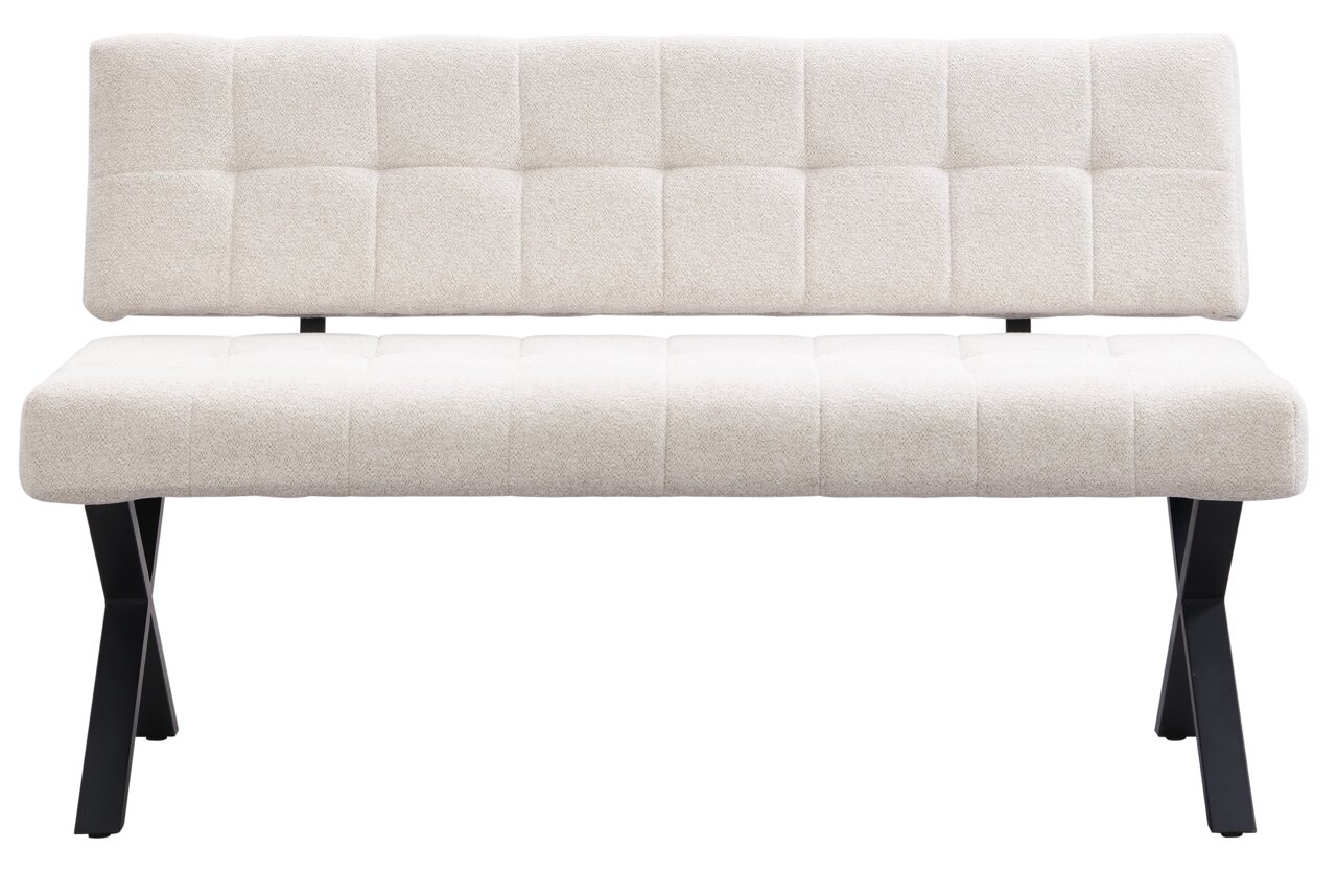 Moderne cremefarbene Bank mit gepolsterter Sitzfläche und Rückenlehne, schwarze Metallbeine, Frontalansicht.