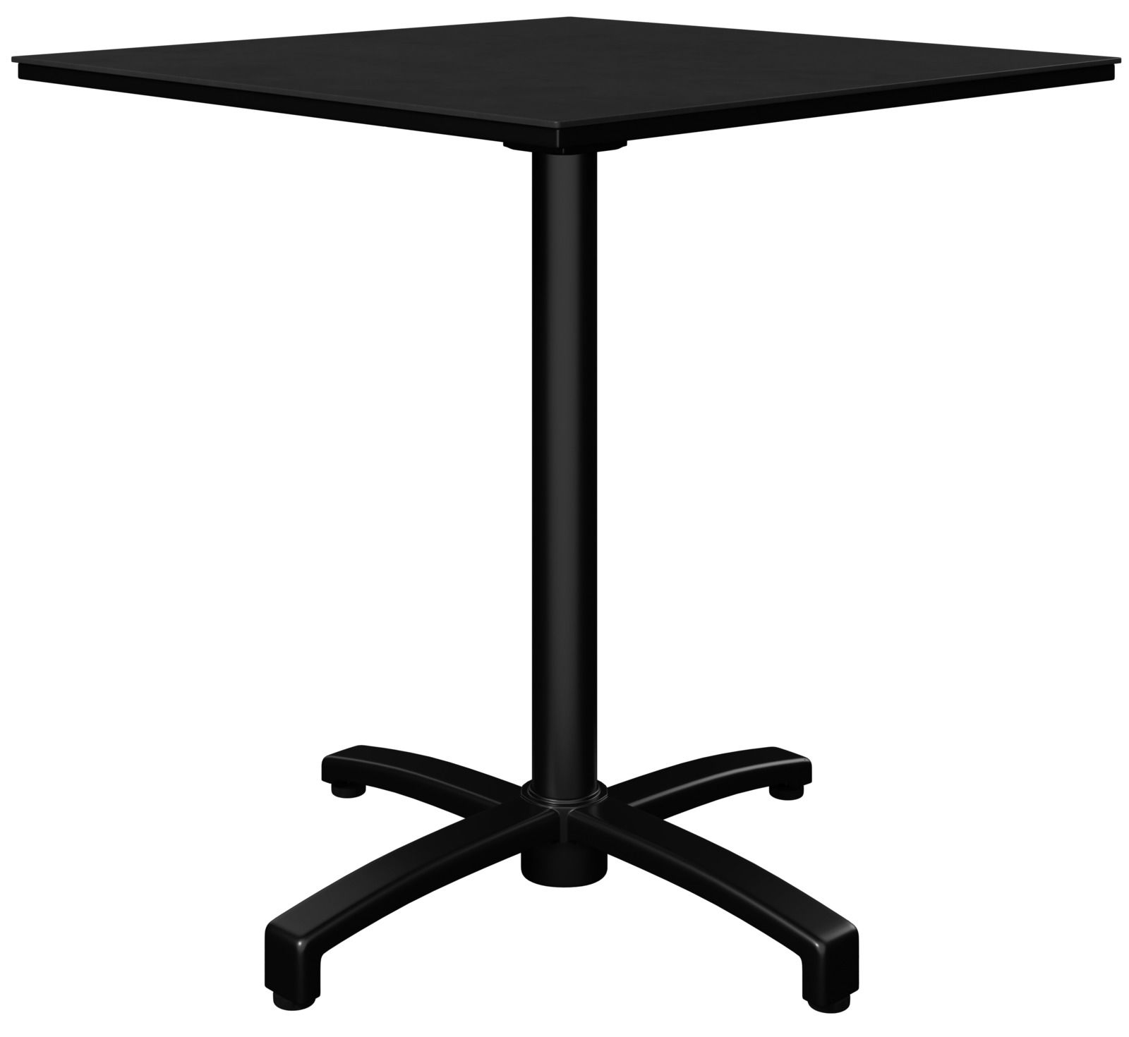 Schwarzer Bistrotisch mit quadratischer Tischplatte und stabilem Mittelfuß, seitliche Perspektive