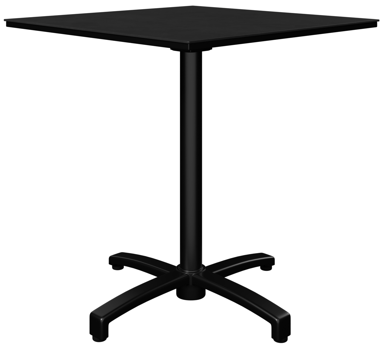 Schwarzer Bistrotisch mit quadratischer Tischplatte und stabilem Mittelfuß, seitliche Perspektive