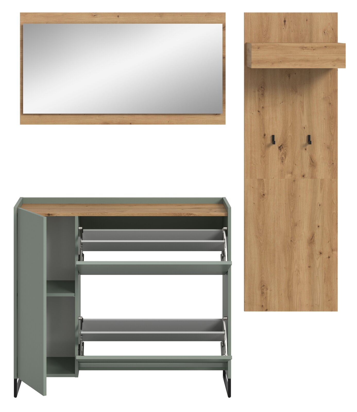 Garderoben-Set mit rechteckigem Spiegel im Holzrahmen, Garderobenpaneel aus Holz mit Ablage und Haken sowie Schuhschrank in Salbeigrün mit ausklappbaren Schuhfächern und Holzdeckplatte, Frontansicht