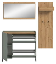 Garderoben-Set mit rechteckigem Spiegel im Holzrahmen, Garderobenpaneel aus Holz mit Ablage und Haken sowie Schuhschrank in Salbeigrün mit ausklappbaren Schuhfächern und Holzdeckplatte, Frontansicht