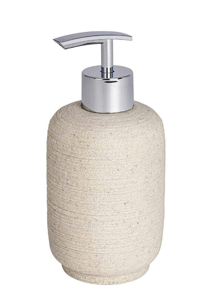 Beiger Seifenspender Goa Neo mit strukturierter Oberfläche und glänzendem Pumpkopf, seitliche Perspektive