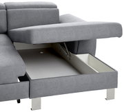 Graue Wohnlandschaft TIM mit geöffneter Stauraumfunktion, seitliche Perspektive