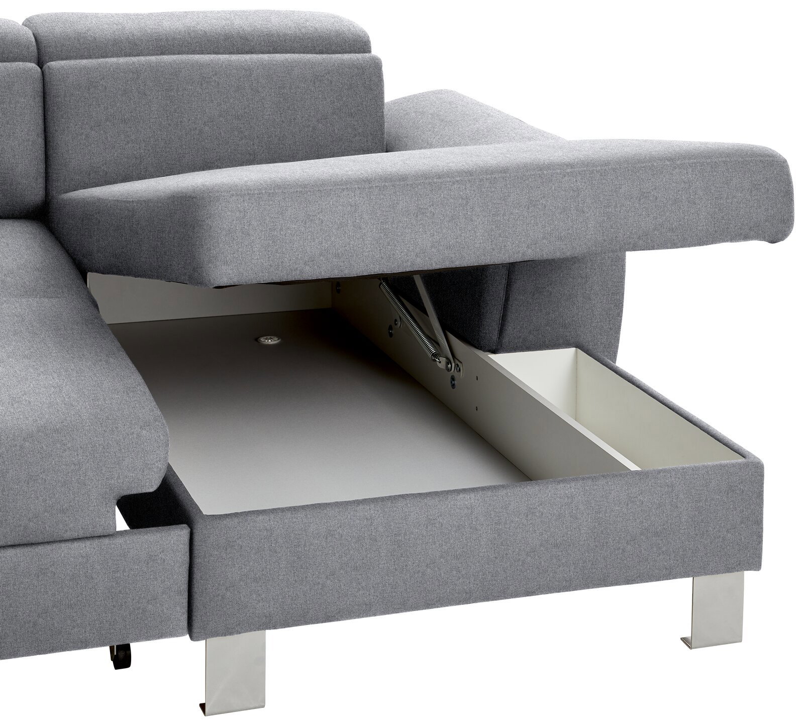 Graue Wohnlandschaft TIM mit geöffneter Stauraumfunktion, seitliche Perspektive