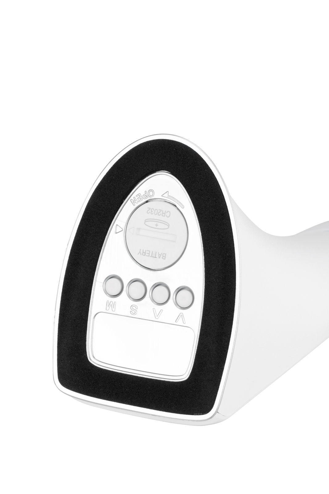 Nahaufnahme der Unterseite einer LED-Schreibtischleuchte mit Batteriefach und Bedienelementen.