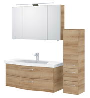 Badezimmermöbel-Set in Holzoptik mit Spiegelschrank, Waschbeckenunterschrank und hohem Schrank, Frontalansicht