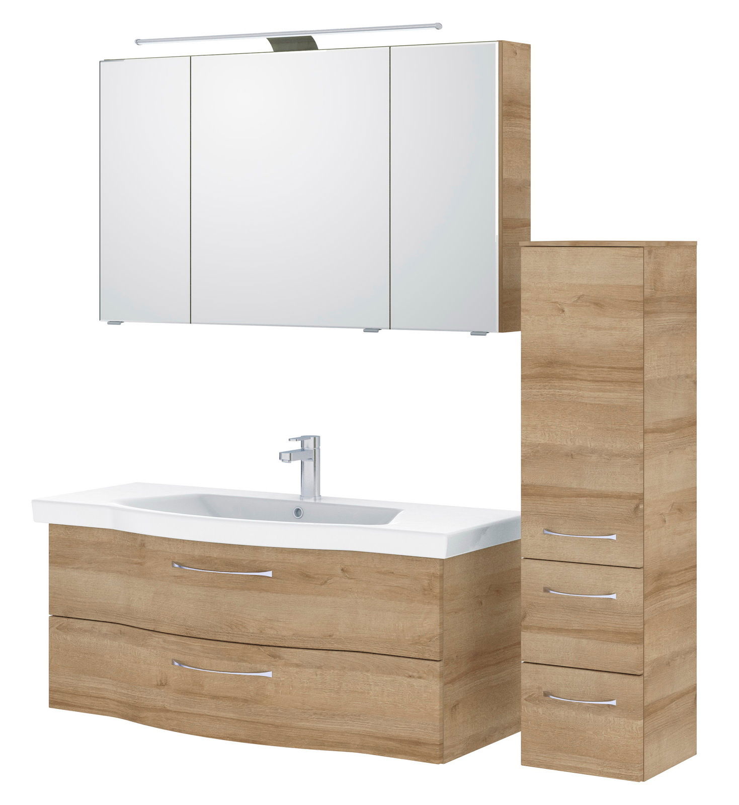 Badezimmermöbel-Set in Holzoptik mit Spiegelschrank, Waschbeckenunterschrank und hohem Schrank, Frontalansicht