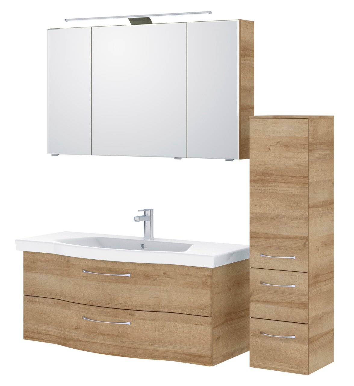 Badezimmermöbel-Set in Holzoptik mit Spiegelschrank, Waschbeckenunterschrank und hohem Schrank, Frontalansicht