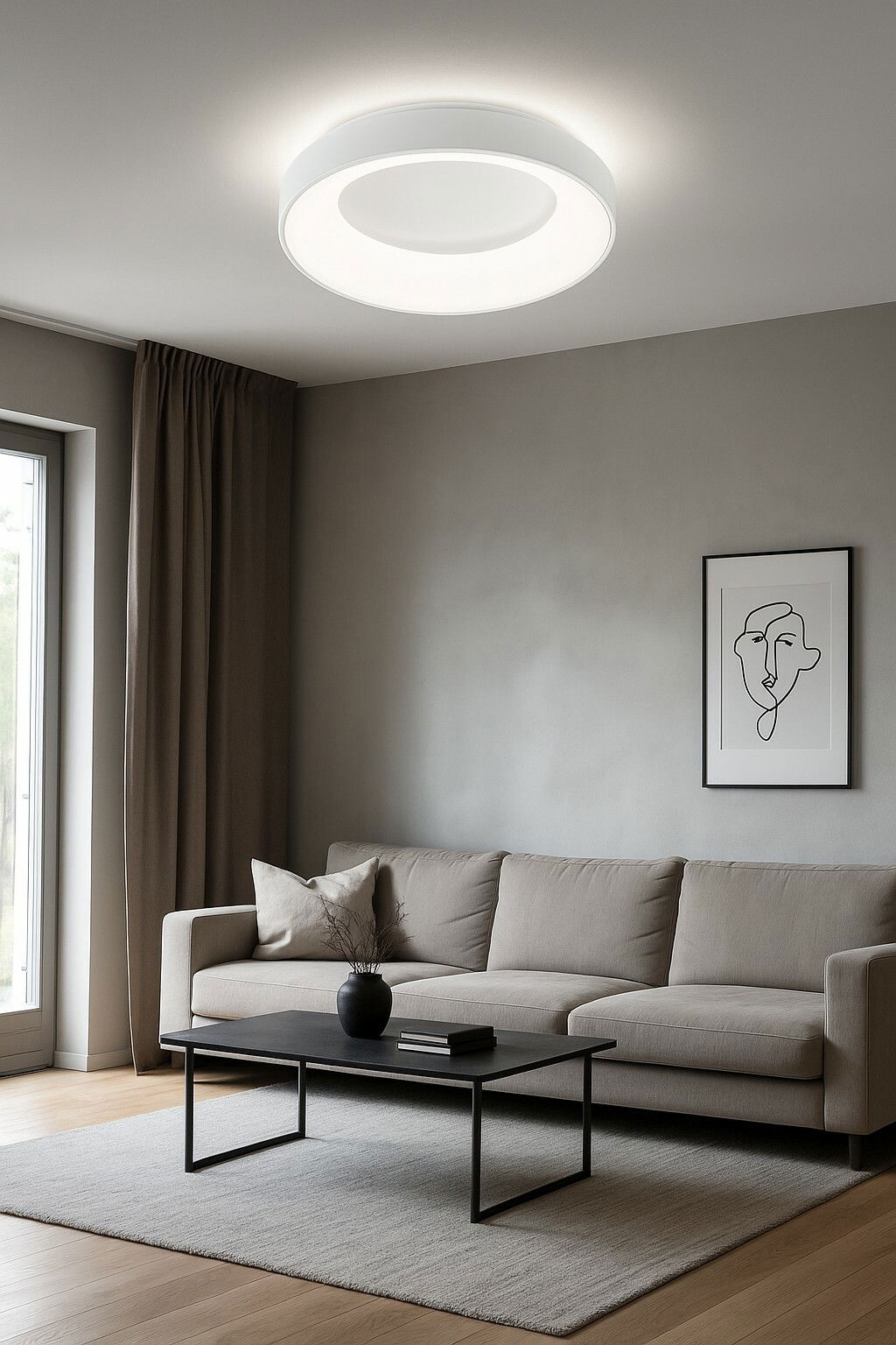 WOFI Leuchten Deckenleuchte SHAY Moderne Deckenleuchte in einem stilvollen Wohnzimmer, von unten betrachtet.