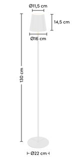 Weiße Akku-Stehleuchte mit einem schlichten, modernen Design, Gesamtgröße 130 cm hoch, Lampenschirmdurchmesser 11,5 cm, Basisdurchmesser 22 cm, seitliche Ansicht.