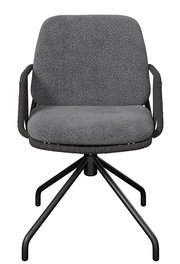 Gepolsterter Drehstuhl in Dunkelgrau mit Stoffbezug, Armlehnen und schwarzem Metall-Fußkreuz, Frontansicht