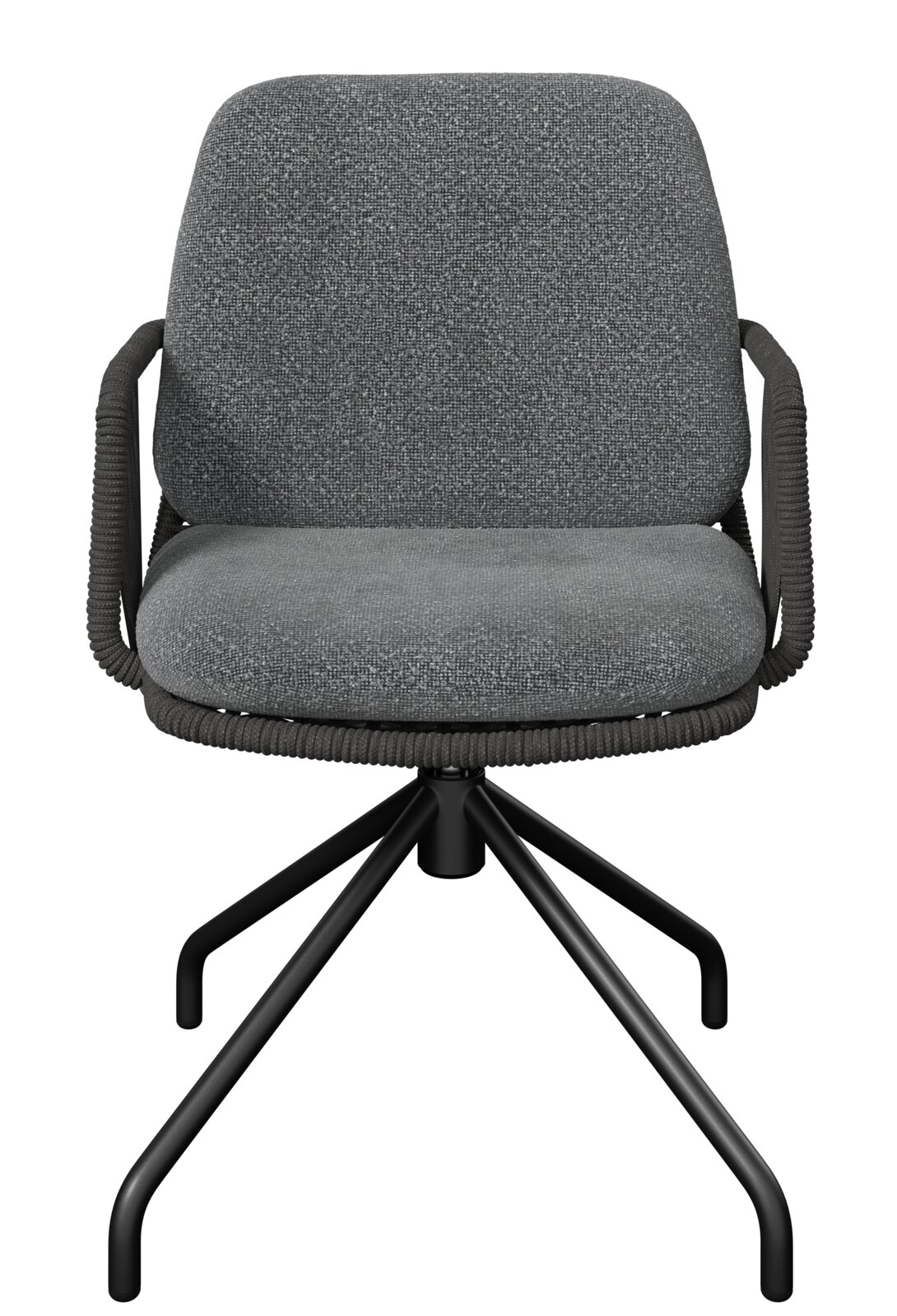 Gepolsterter Drehstuhl in Dunkelgrau mit Stoffbezug, Armlehnen und schwarzem Metall-Fußkreuz, Frontansicht