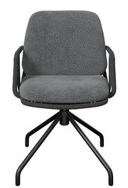 Gepolsterter Drehstuhl in Dunkelgrau mit Stoffbezug, Armlehnen und schwarzem Metall-Fußkreuz, Frontansicht