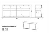 Technische Zeichnung eines Schiebetürenschranks mit den Maßen 160 cm Breite, 74 cm Höhe und 40 cm Tiefe, Vorder- und Seitenansicht.