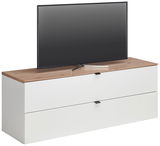 TV-Lowboard mit Holzoberfläche und zwei weißen Schubladen, seitliche Perspektive