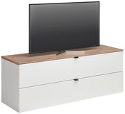TV-Lowboard mit Holzoberfläche und zwei weißen Schubladen, seitliche Perspektive