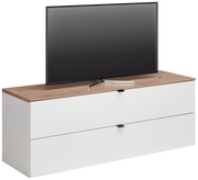 TV-Lowboard mit Holzoberfläche und zwei weißen Schubladen, seitliche Perspektive
