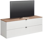 TV-Lowboard mit Holzoberfläche und zwei weißen Schubladen, seitliche Perspektive
