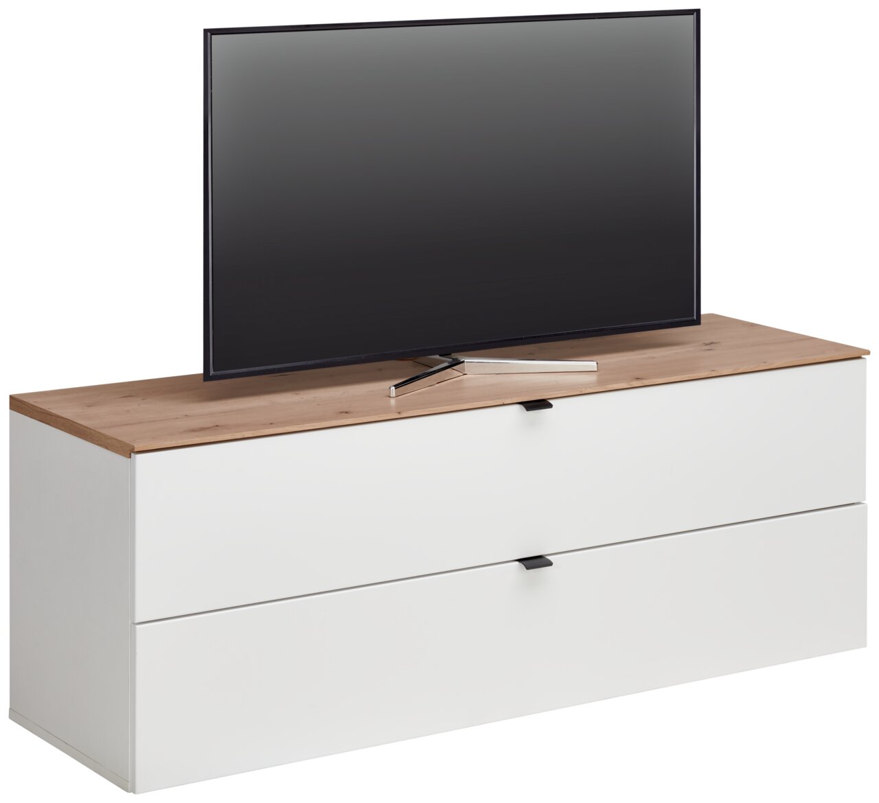 TV-Lowboard mit Holzoberfläche und zwei weißen Schubladen, seitliche Perspektive