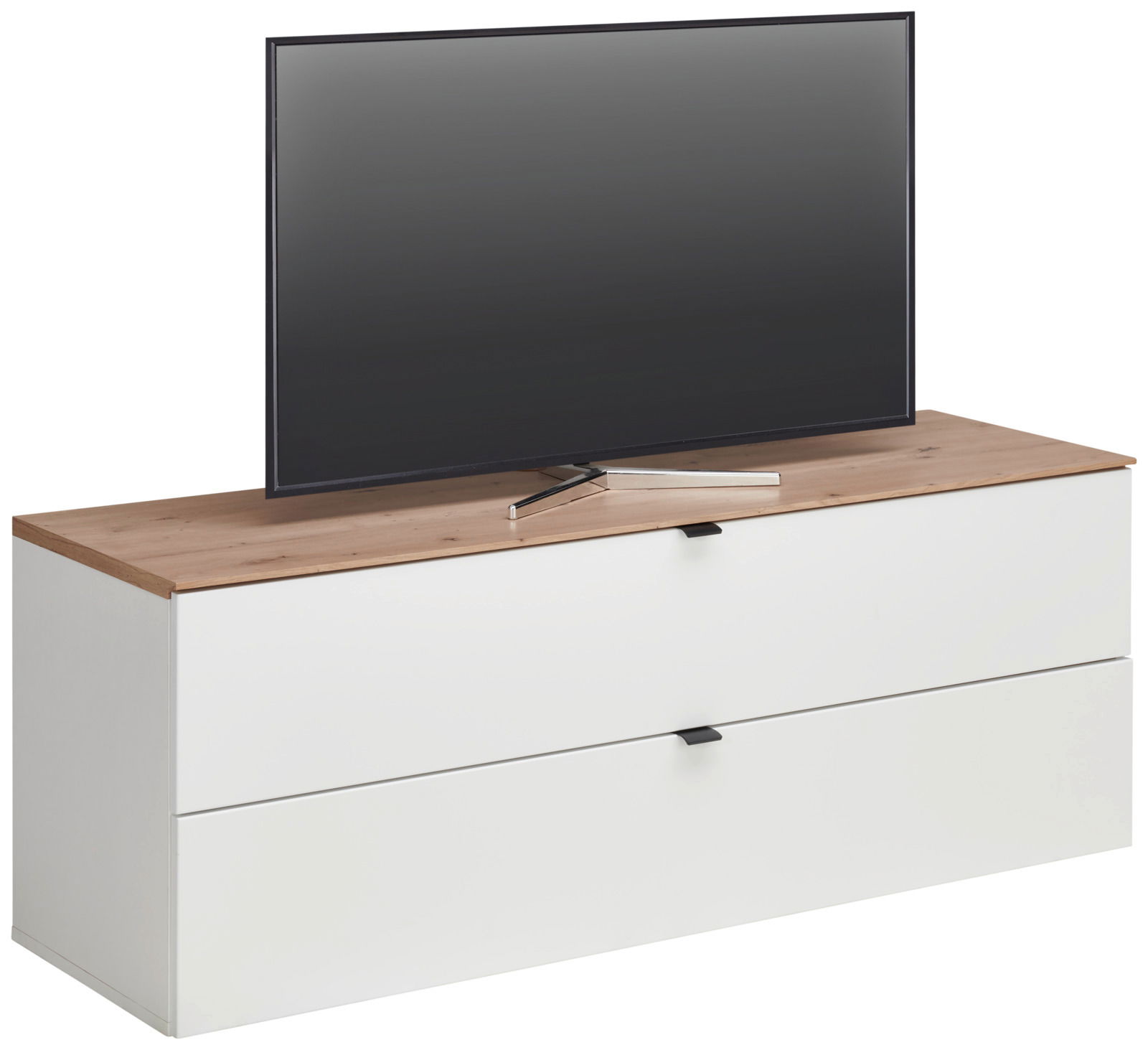 TV-Lowboard mit Holzoberfläche und zwei weißen Schubladen, seitliche Perspektive