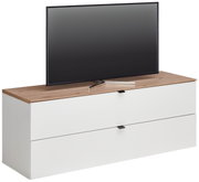 TV-lowboard met houten afwerking en twee witte lades, zijaanzicht