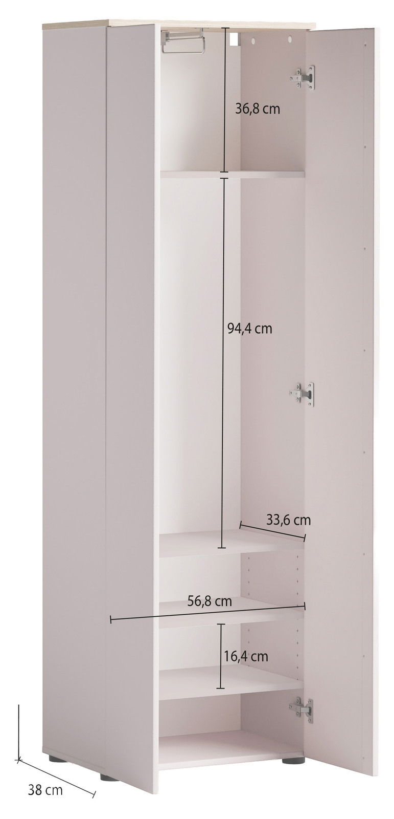 Garderobenschrank mit geöffneter Tür, zeigt Innenfächer und Kleiderstange, Frontansicht.