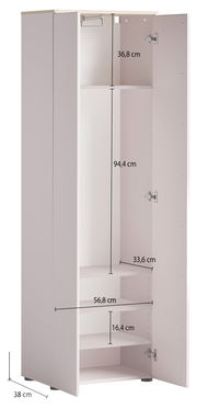 Garderobenschrank mit geöffneter Tür, zeigt Innenfächer und Kleiderstange, Frontansicht.