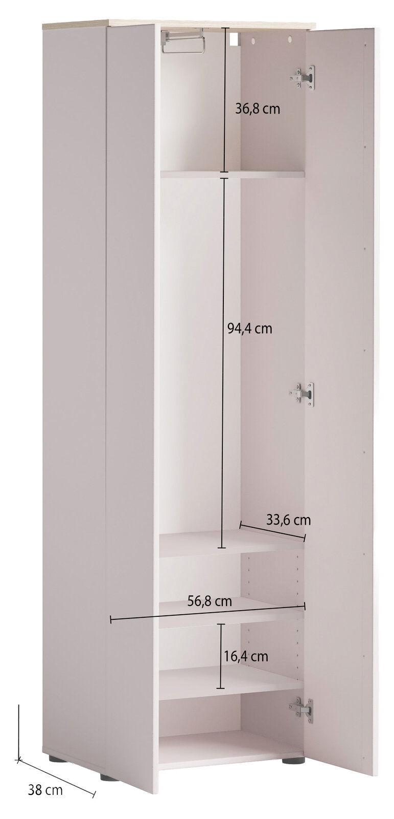 Garderobenschrank mit geöffneter Tür, zeigt Innenfächer und Kleiderstange, Frontansicht.