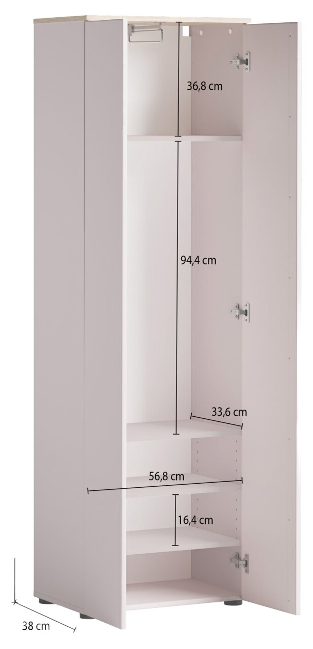Garderobenschrank mit geöffneter Tür, zeigt Innenfächer und Kleiderstange, Frontansicht.