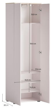 Garderobenschrank mit geöffneter Tür, zeigt Innenfächer und Kleiderstange, Frontansicht.