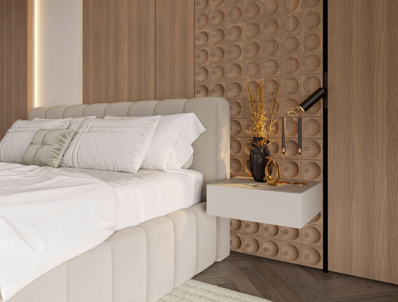 Moderne Hängekonsole in einem stilvollen Schlafzimmer, seitliche Perspektive
