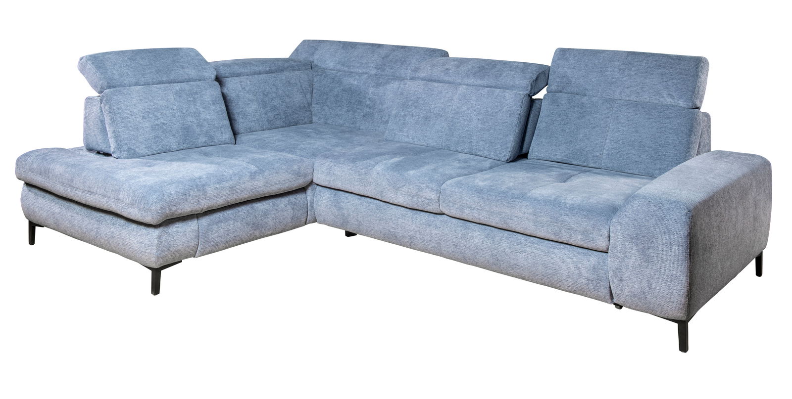 Blaue Ecksofa mit verstellbaren Kopfstützen, moderne Metallfüße, Perspektive von vorne links