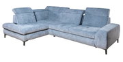 Blaue Ecksofa mit verstellbaren Kopfstützen, moderne Metallfüße, Perspektive von vorne links