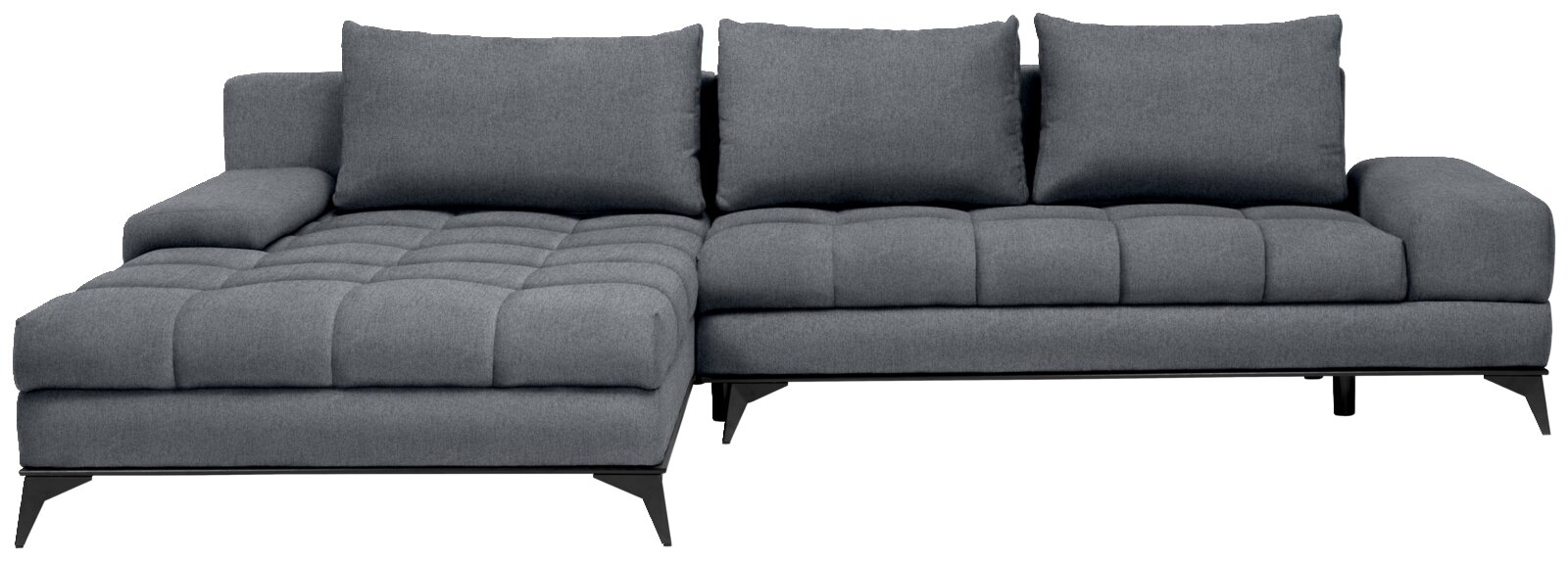 Graues Ecksofa mit Ottomane links, moderne Metallfüße, Vorderansicht