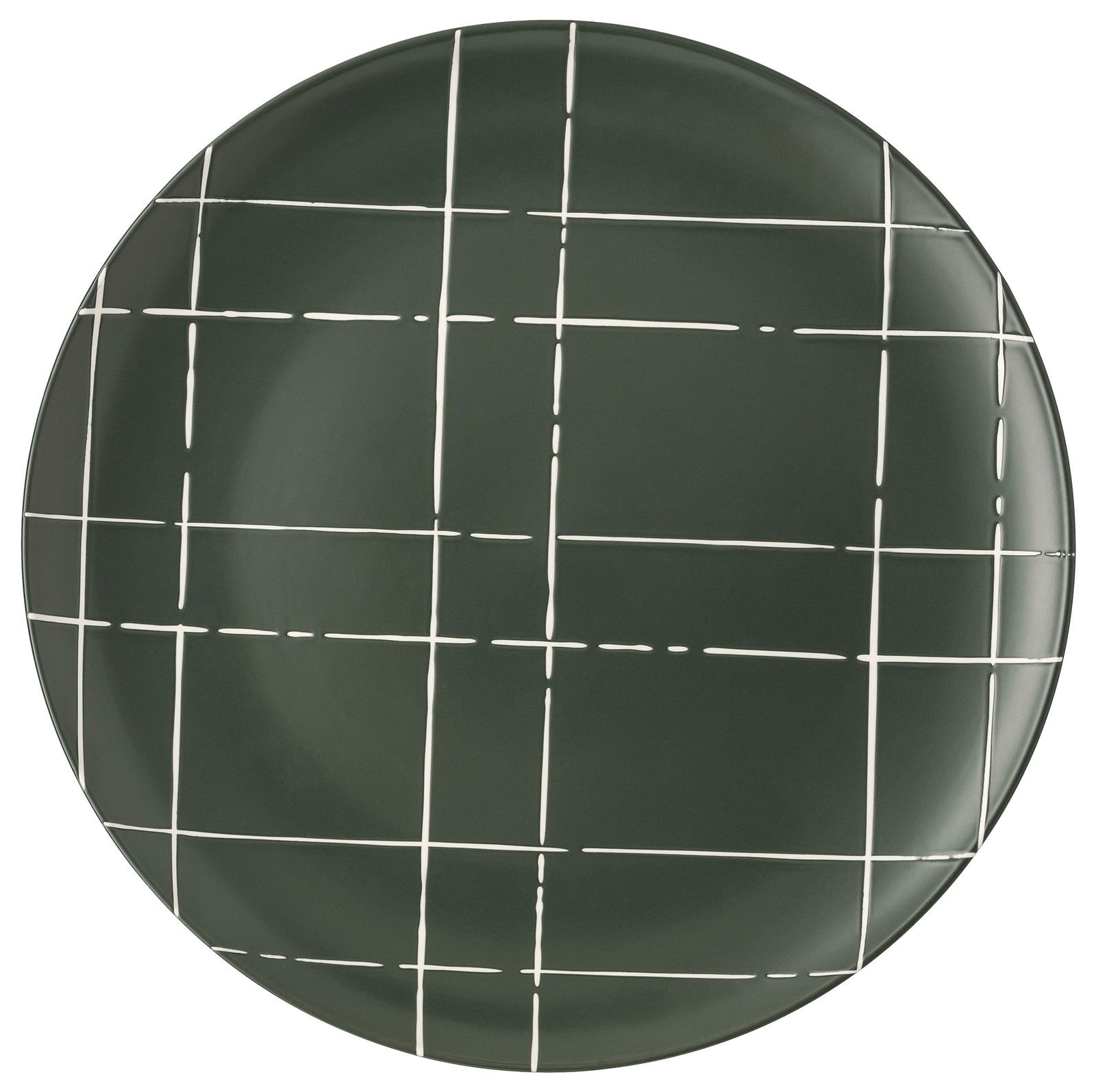 Flacher Teller mit einem modernen, geometrischen Muster in dunklem Grün und weißen Linien, aus der Vogelperspektive betrachtet.