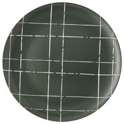 Flacher Teller mit einem modernen, geometrischen Muster in dunklem Grün und weißen Linien, aus der Vogelperspektive betrachtet.