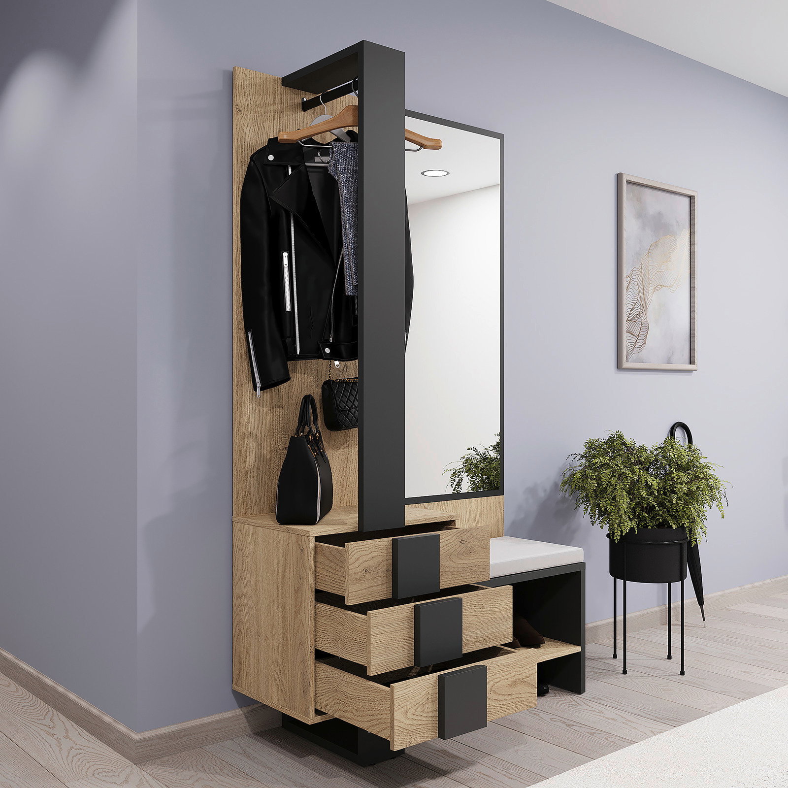 Kompaktgarderobe aus Holz mit Spiegel, Kleiderstange und Schubladen, seitliche Perspektive