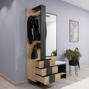 Kompaktgarderobe aus Holz mit Spiegel, Kleiderstange und Schubladen, seitliche Perspektive