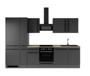 Frontaanzicht van een moderne matzwarte keukenopstelling met houtlook werkblad, ingebouwde oven en kookplaat, afzuigkap en spoelbak met kraan.