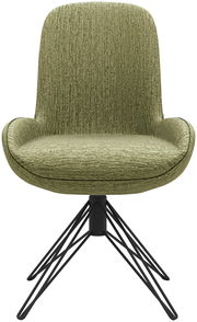 Moderner grüner Stuhl mit gepolsterter Sitzfläche und schwarzem Metallgestell, Frontalansicht