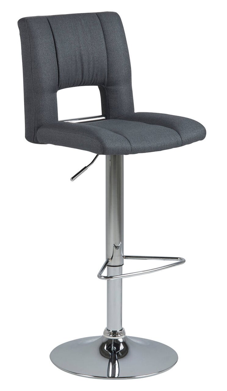 Moderner Barhocker mit grauem Stoffbezug und verchromtem Gestell, seitliche Perspektive