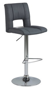 Moderner Barhocker mit grauem Stoffbezug und verchromtem Gestell, seitliche Perspektive