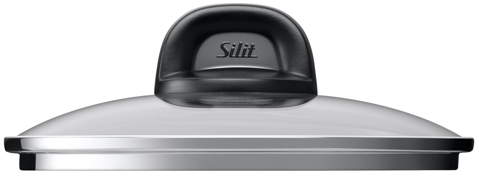 Topfdeckel aus Glas mit schwarzem Griff, seitliche Perspektive