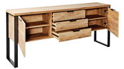 Holz-Sideboard mit offenen Schubladen und Türen, seitliche Perspektive