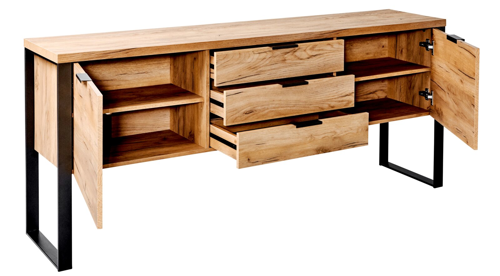 Houten dressoir met open lades en deuren, zijaanzicht
