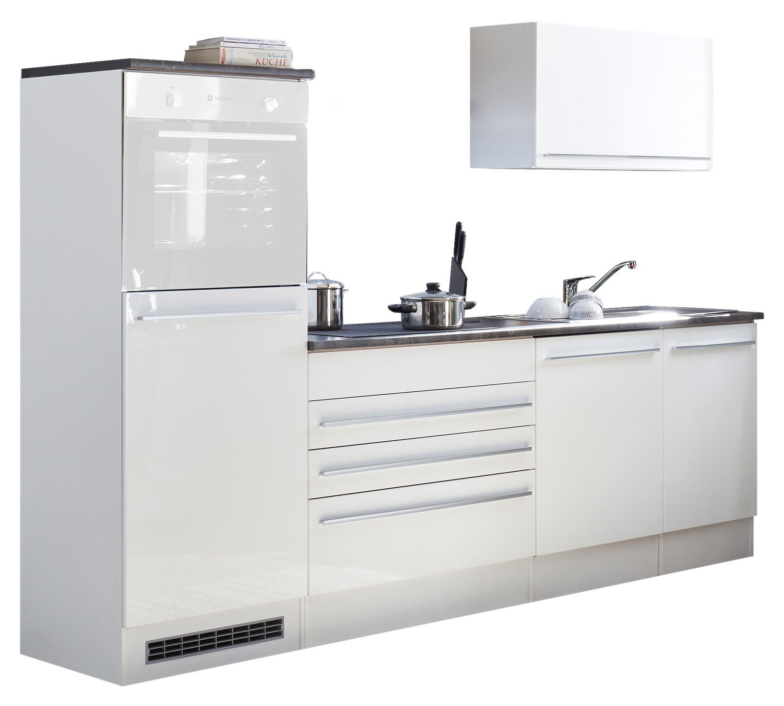 Yourkitchen Keukenblok 260 JAZZ zonder elektrische apparaten Moderner Küchenblock in Weiß mit Arbeitsplatte, Spüle und Stauraum, seitliche Perspektive