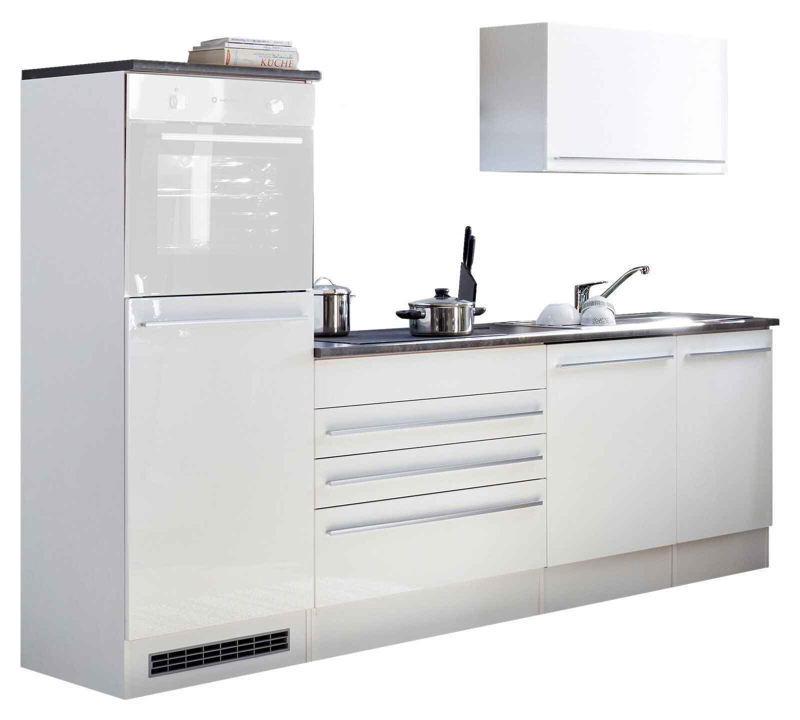 Yourkitchen Küchenblock 260 JAZZ ohne E-Geräte Moderner Küchenblock in Weiß mit Arbeitsplatte, Spüle und Stauraum, seitliche Perspektive