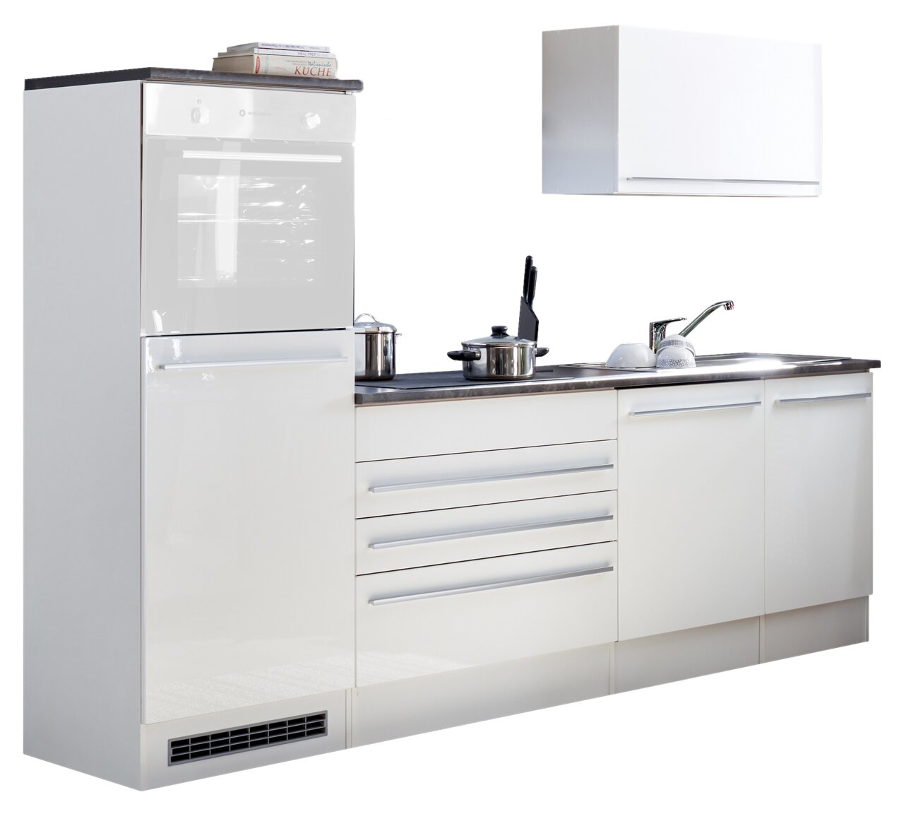 Yourkitchen Küchenblock 260 JAZZ ohne E-Geräte Moderner Küchenblock in Weiß mit Arbeitsplatte, Spüle und Stauraum, seitliche Perspektive