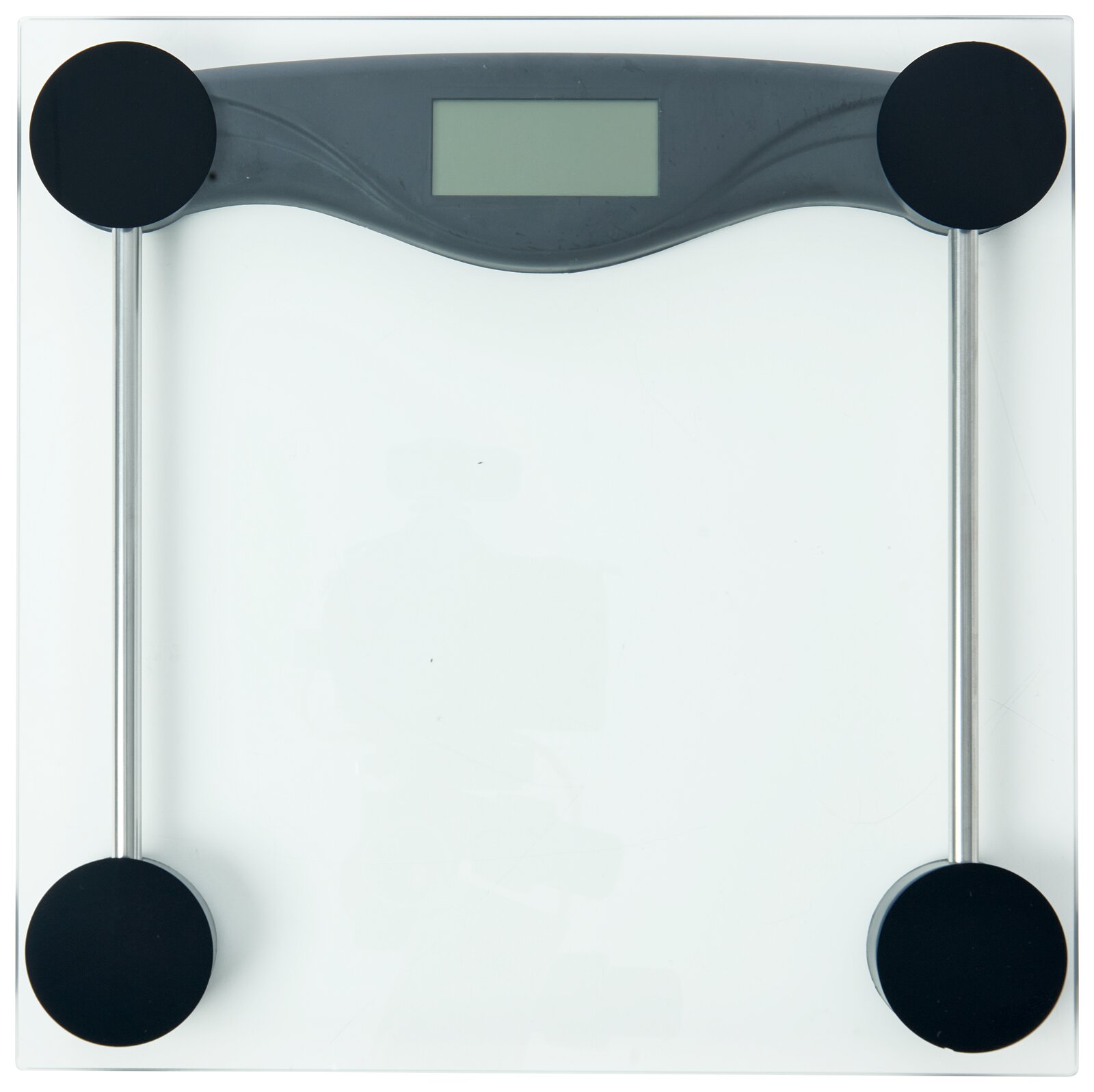 Digitale Personenwaage aus Glas mit LCD-Display und vier runden Standfüßen, Draufsicht von oben